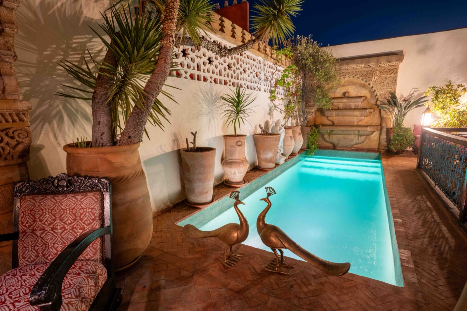 La piscine sur le toit, éclairée au crépuscule, bordée de jarres, de palmiers et de deux paons en laiton
